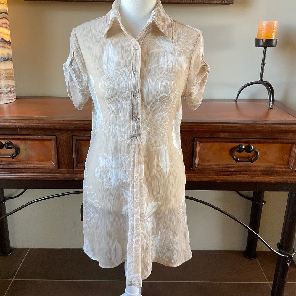 New York & Company Long, Sheer Blouse. Partial Button Front. Taupe/White. Size S